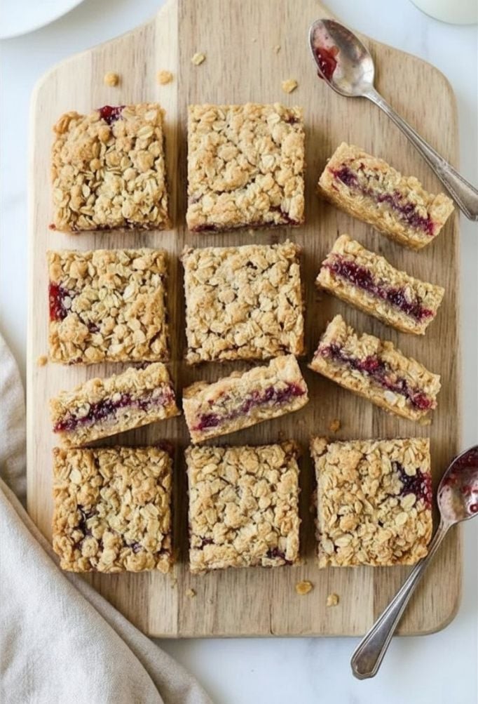 Strawberry oatmeal jam bars cut into squares on a wooden serving board.