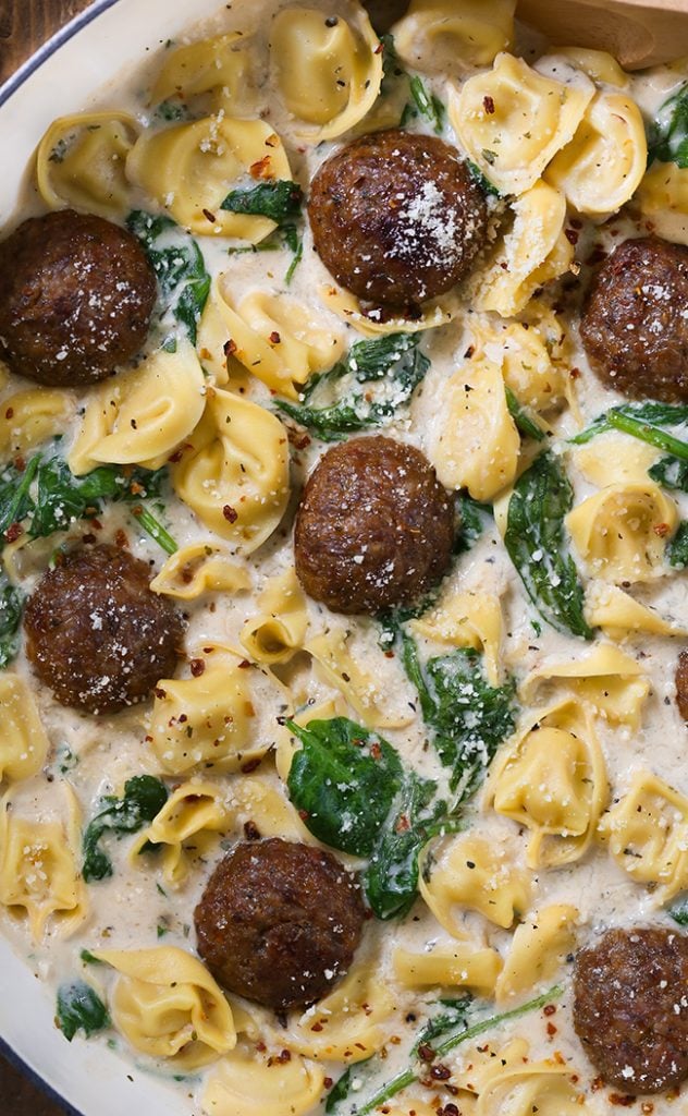 Creamy Spinach Tortellini with Meatballs