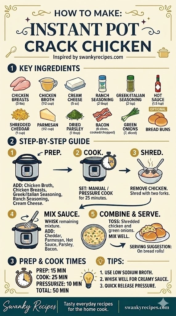 Instant Pot Crack Chicken (Creamy, Cheesy, 30-Minute Dinner Recipe) Infographic showing how to make Instant Pot crack chicken with chicken breasts, cream cheese, ranch seasoning, cheddar, bacon, and step-by-step pressure cooker instructions.