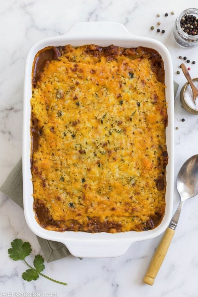 Classic Shepherd's Pie 1 Easy Shepherd’s Pie recipe with a golden browned topping served in a white baking dish.