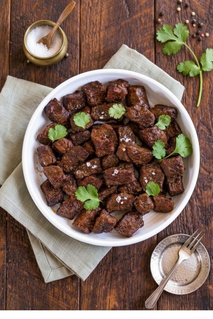Garlic butter steak bites in a white bowl topped with cilantro and flaky salt on a rustic wooden table.