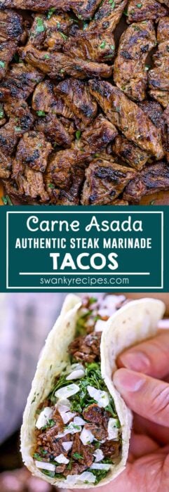 Seared carne asada skirt steak on a cutting board. Second image features a hand holding a street taco.