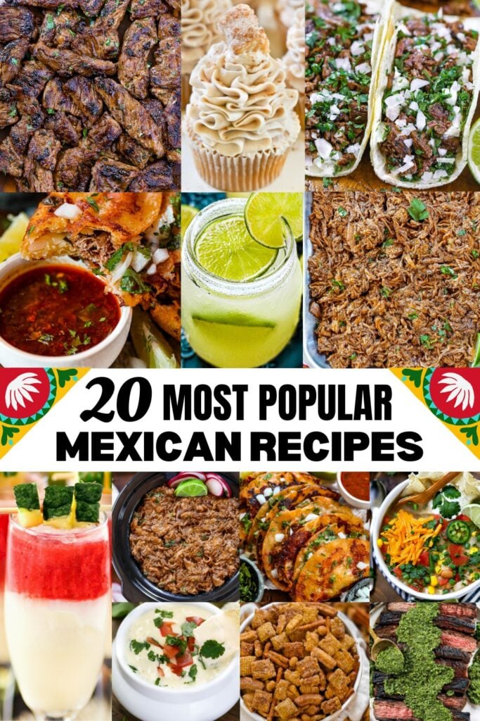 20 Most Popular Mexican Recipes 1 A vibrant collage showcasing a variety of Mexican recipes, each dish beautifully presented to highlight the rich colors and textures of the cuisine.