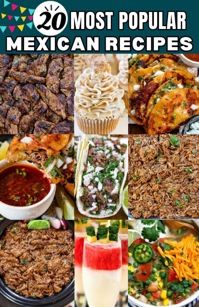 20 Most Popular Mexican Recipes 4 A vibrant collage showcasing a variety of Mexican recipes, each dish beautifully presented to highlight the rich colors and textures of the cuisine.