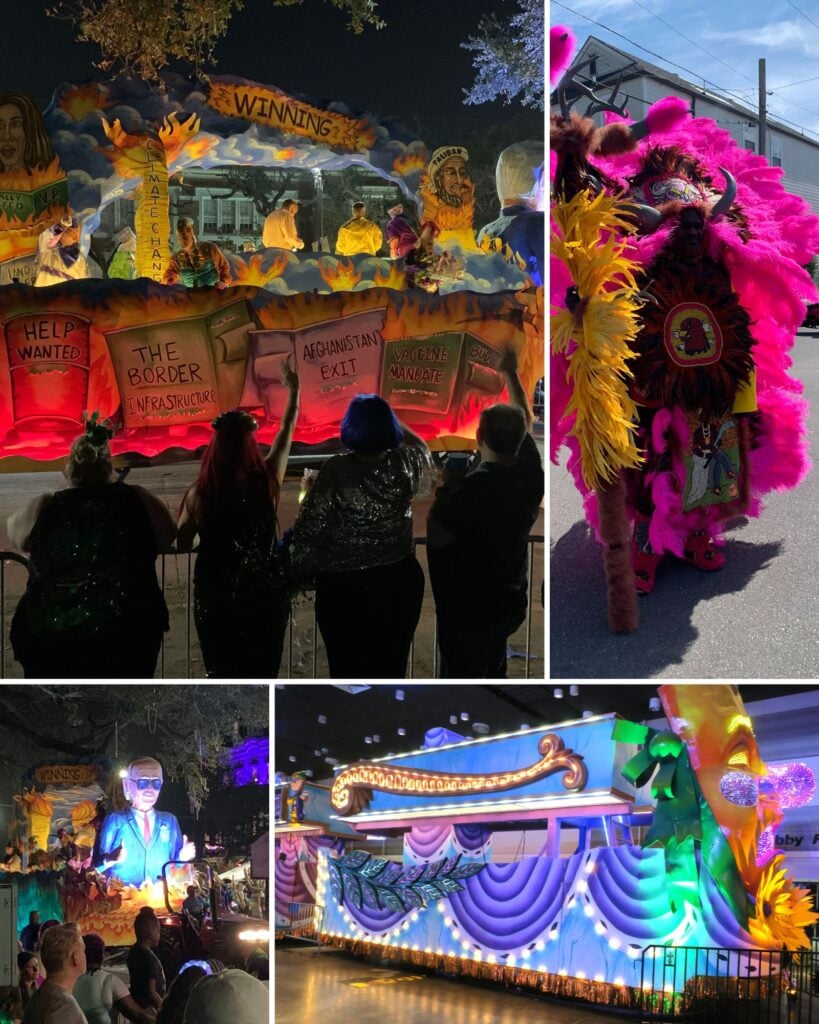20 Must-Try Foods and Activities in New Orleans 7 A colorful and lively collage of the Mardi Gras parade in New Orleans, capturing the essence of this iconic celebration. The collage includes various images: spectacular floats adorned with bright, intricate designs, masked participants in elaborate costumes, and crowds of revelers catching beads.