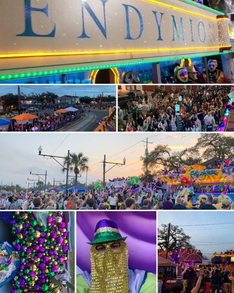 20 Must-Try Foods and Activities in New Orleans 8 This image is a dynamic collage representing the Endymion parade, one of the most spectacular events of New Orleans Mardi Gras.