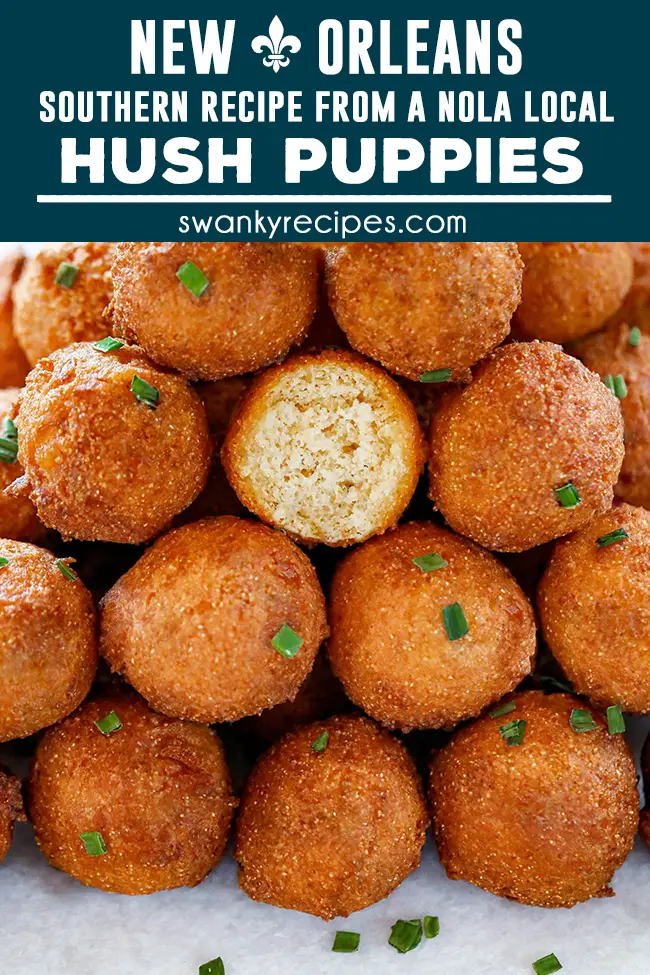 New Orleans Hush Puppies Crispy southern Hush Puppies served on a appetizer tray with dipping sauce.