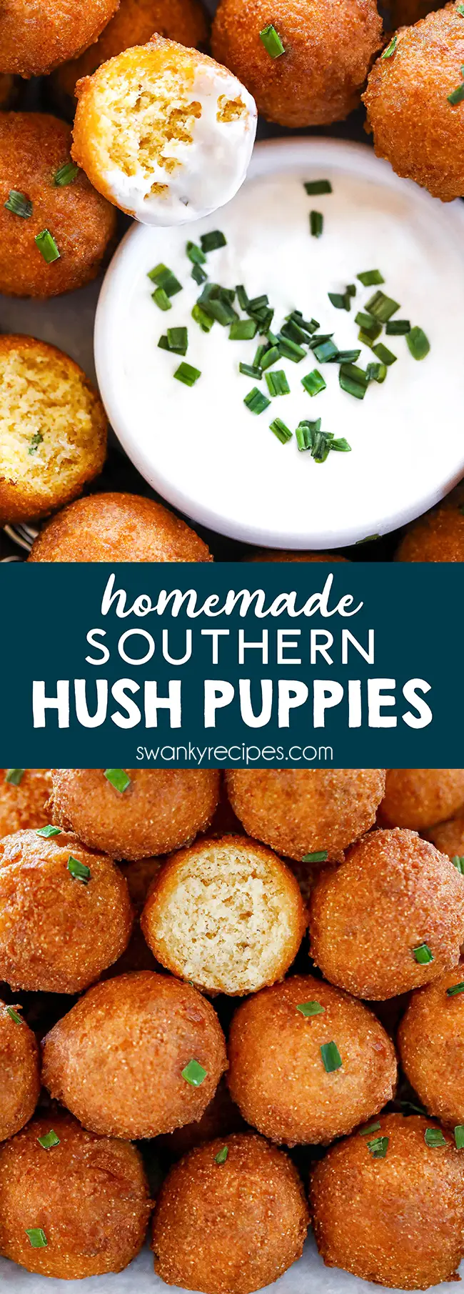 Homemade Hush Puppies Hush puppies fried until golden brown and served with a creamy dipping sauce with green onions as an appetizer, snack, or side dish to fish.