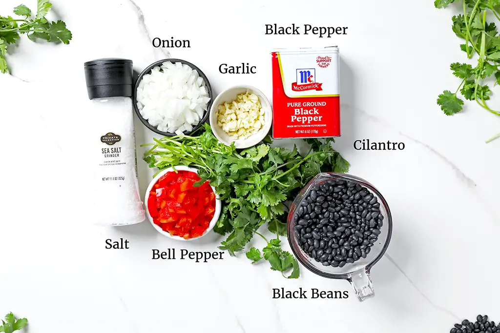 Ingredients for black beans including black beans, chopped onion, minced garlic, diced bell pepper, fresh cilantro, ground black pepper, and salt, displayed on a white surface.