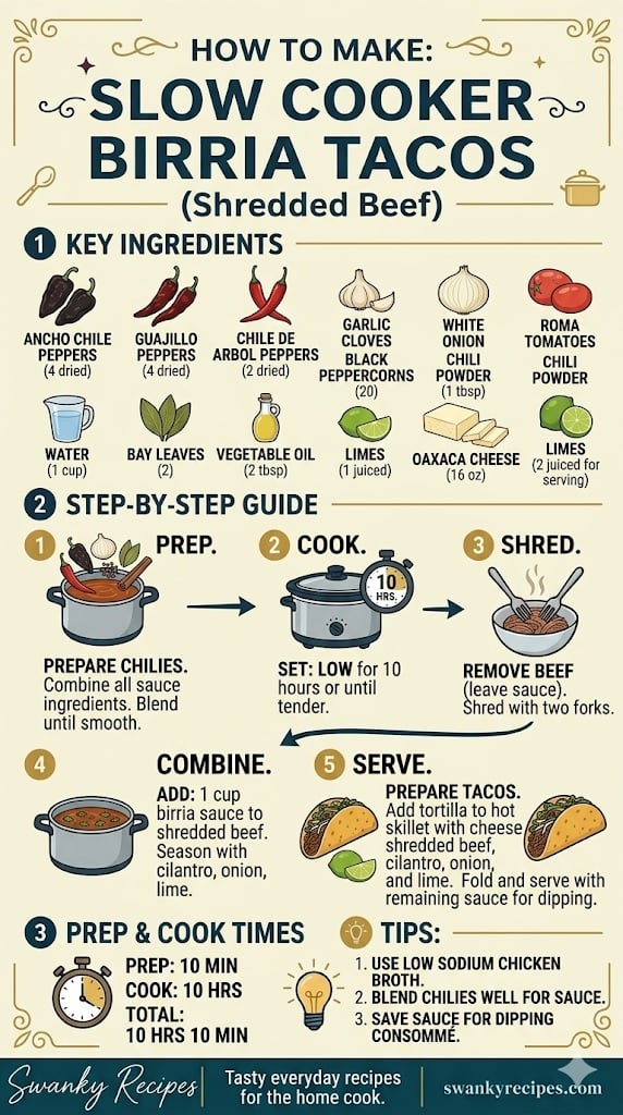 Authentic Slow Cooker Birria Tacos (Easy Crockpot Beef with Consomé) Infographic for Slow Cooker Birria Tacos showing ingredients like ancho chilies, beef chuck roast, and Oaxaca cheese, with step-by-step instructions for slow cooking and assembling shredded beef tacos.