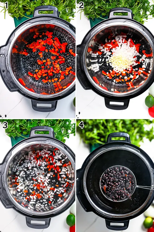A step-by-step series showing black beans, diced bell pepper, chopped onion, and garlic being cooked in an Instant Pot, with the final result of cooked black beans.